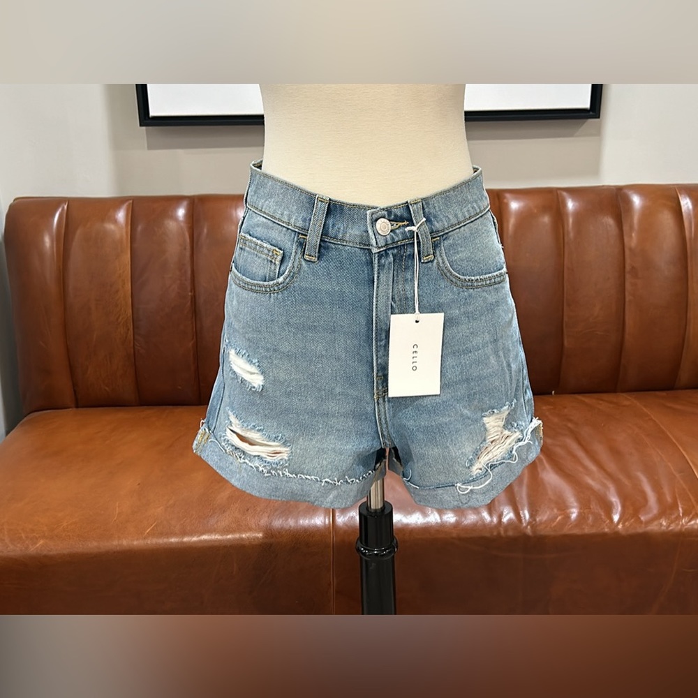 BRAND NEW! CELLO Denim Shorts, High-Rise Cuff Shorts, Distressed Med-Denim Wash